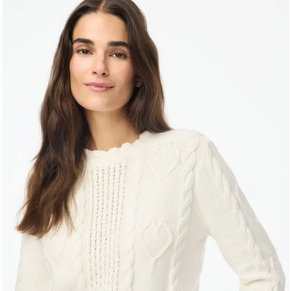 J.Crew Cable-Knit Hearts Crewneck Sweater WMNS S Cream Scalloped Neck Pullover